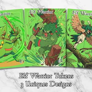 Può includere: Tre carte da gioco rettangolari con sfondo verde chiaro, ciascuna etichettata Elf Warrior e contrassegnata con 1/1. Le carte presentano illustrazioni di creature verdi: un essere simile a una lucertola con una spada di foglie, una figura simile a un gorilla con un martello di legno e un arciere simile a un gufo.