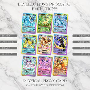 Könnte beinhalten: Eine Sammlung von neun Eeveelutions Prismatic Evolutions Sammelkarten mit Vaporeon, Leafeon, Glaceon, Jolteon, Eevee, Umbreon, Sylveon, Espeon und Flareon. Jede Karte misst 63x88mm und zeigt farbenfrohe, detaillierte Illustrationen der Charaktere.