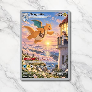 May include: A Dragonite trading card with 170 HP, featuring the orange dragon flying towards a lighthouse to deliver a letter to a person on the balcony. The card displays the Ability Sky Courier and the Horizon Glide attack with 120 damage.