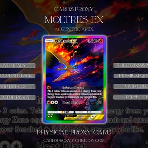 Może przedstawiać: Karta kolekcjonerska Moltres EX z holograficzną tęczową ramką o wymiarach 63x88mm. Karta przedstawia ognistą ilustrację legendarnego ptaka, 140 HP oraz ataki Inferno Dance i Heat Blast wraz z tekstem opisującym zasady gry.