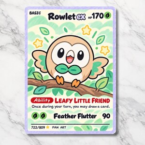 Rowlet EX Hand-Drawn Proxy Card | Cute Pokémon Fan Art | Custom Illustrated Collector Card
