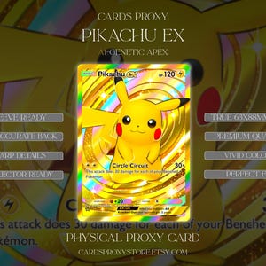 Peut inclure: Une carte à collectionner rectangulaire Pikachu EX représentant un personnage jaune vif aux joues rouges sur un fond holographique doré. La carte affiche le texte Pikachu EX, HP 120, Circle Circuit et 30x, avec une taille réelle de 63x88mm imprimée.