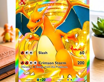 Op de afbeelding: Een goudkleurige Charizard ex ruilkaart met een Stage 2 evolutie, 180 HP en de aanvallen Slash en Crimson Storm. De kaart heeft een holografische afwerking, een vuurenergie-symbool en tekst die de ex-regel voor het spel beschrijft.