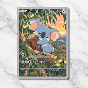 May include: A collectible trading card featuring the character Komala, a blue koala-like creature sleeping on a tree branch. The card displays 90 HP, the moves Peaceful Nap and Log Swing, and a sunset landscape background with eucalyptus leaves.