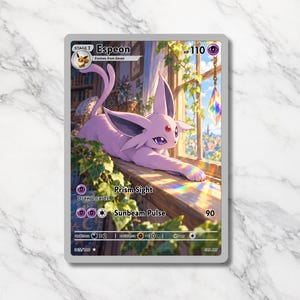 Pode incluir: Uma carta colecionável retangular apresentando o personagem roxo Espeon com orelhas grandes e uma gema vermelha na testa. O personagem descansa em um parapeito de madeira perto de uma janela onde a luz do sol projeta um efeito de prisma arco-íris. O texto inclui Espeon, 110 HP, Prism Sight e Sunbeam Pulse.
