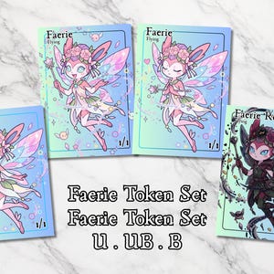 May include: A set of four rectangular game cards featuring illustrated faerie characters. Three cards show a pink faerie with wings and a wand labelled Faerie Flying. One card shows a dark-toned faerie labelled Faerie Rogue. Text reads Faerie Token Set.
