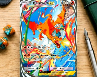 Op de afbeelding: Een Charizard ex ruilkaart met een feloranje draakfiguur die vuur spuwt tegen een blauwe en witte achtergrond. De kaart toont 180 HP, aanvallen genaamd Slash en Crimson Storm, en tekst met details over de ex-regel en zwakte.