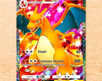 Op de afbeelding: Een holografische Charizard ex ruilkaart met een groot oranje draakachtig wezen met blauwe vleugels. De kaart toont 180 HP, aanvallen genaamd Slash en Crimson Storm, en tekst met details over de ex-regel en energievereisten.
