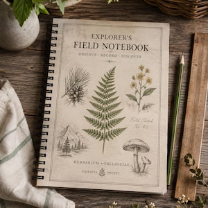 Pode incluir: Um caderno de espiral intitulado EXPLORER'S FIELD NOTEBOOK com uma capa bege apresentando ilustrações botânicas de uma pinha, uma samambaia, uma flor, um cogumelo e uma paisagem montanhosa, juntamente com o texto HERBARIUM GALLAECIAE.