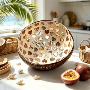 May include: A round bowl crafted from a dark brown coconut shell, featuring an interior lined with numerous small, iridescent heart-shaped inlays in shades of cream, gold, and bronze, creating a reflective and textured surface pattern.