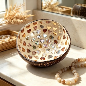 Handgefertigte Kokosnussschale mit Perlmutt-Mosaik | Natürliche, umweltfreundliche Obstschale, Boho-Küchendekoration im tropischen Stil, Serviergeschenk aus Muscheln
