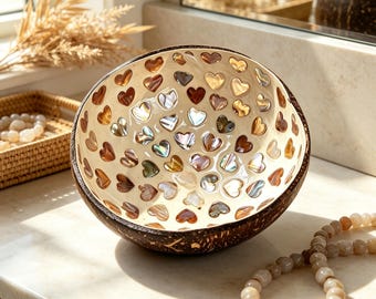 Handmade Inlaid Mother of Pearl Mosaic Coconut Bowl | Natural Eco Friendly Fruit Snack Bowl, Boho Tropical Kitchen Decor, Shell Serving Gift