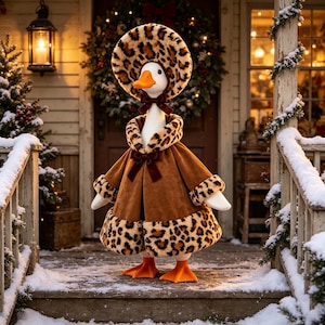 May include: A white goose wearing a brown velvet coat with leopard print faux fur trim on the collar, cuffs, and hem, paired with a matching leopard print bonnet. The outfit features dark brown velvet ribbon bows at the neck and chest.