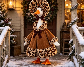 23 Inch Lawn Goose Winter Costume, Leopard Trim Brown Coat & Matching Hat, Rustic Porch Decor, Whimsical Holiday Gift for Goose Collectors