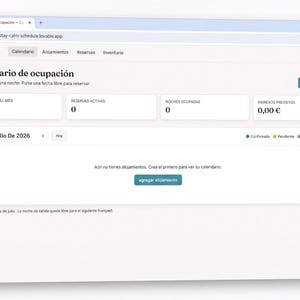 Puede incluir: Una interfaz de navegador web que muestra un panel titulado Calendario de ocupación para la aplicación Caleta. La página presenta métricas de ocupación, reservas activas, noches ocupadas e ingresos previstos, con un botón para agregar alojamiento.