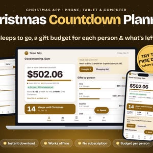 May include: A digital Christmas Countdown Planner app displayed on a laptop, tablet, and smartphone. The interface shows budget tracking, gift lists, and a countdown to Christmas. Text includes "Christmas Countdown Planner" and "TRY THE FREE DEMO".