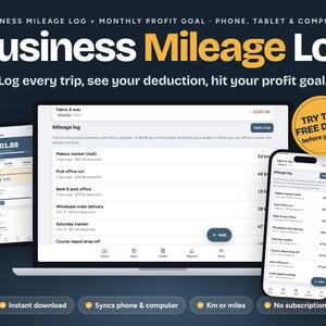 Pode incluir: Um registro digital de quilometragem empresarial exibido em um laptop, tablet e smartphone. A interface mostra viagens, deduções e metas de lucro. O texto inclui Business Mileage Log, Log every trip, see your deduction, hit your profit goal e Try the free demo before you buy.