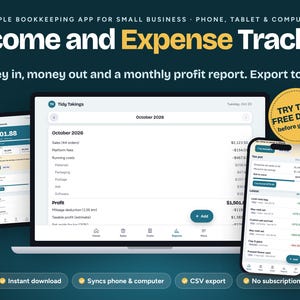 May include: A digital bookkeeping app interface displayed on a laptop, tablet, and smartphone. The screen shows an Income and Expense Tracker with financial data, monthly profit reports, and a yellow badge that says TRY THE FREE DEMO before you buy.
