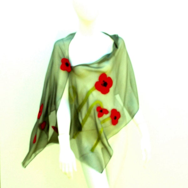 Flanders Field Red Poppies Silk Scarf Nuno Felted