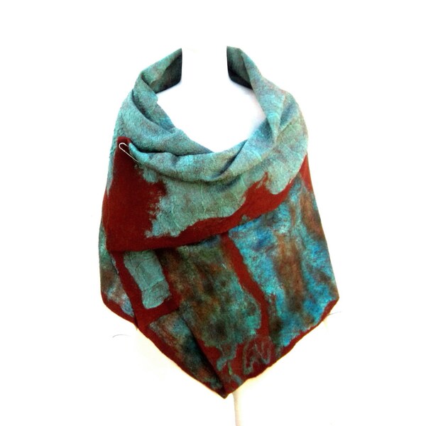 Teal Rust Nuno Felted Wrap Poncho Cape