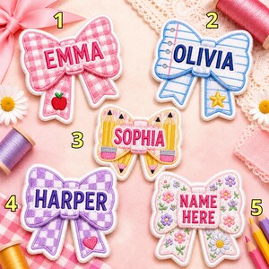 Personalized Bow Patch, Custom Name Embroidered Patch, Gingham Iron On Sew On Backpack Patch