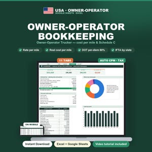 Könnte beinhalten: Eine digitale Buchhaltungstabelle für selbstständige LKW-Fahrer, kompatibel mit Google Sheets und Excel. Die Benutzeroberfläche zeigt ein Dashboard mit Finanzdaten, einem Kreisdiagramm, einem Balkendiagramm, einer mobilen Ansicht und 11 Reitern.