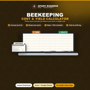 May include: A digital beekeeping cost and yield calculator for Excel and Google Sheets. The interface displays a spreadsheet with 9 tabs and 2 moats, featuring a compliance section, cost per jar and lb, break-even price, and a yield and profit log.