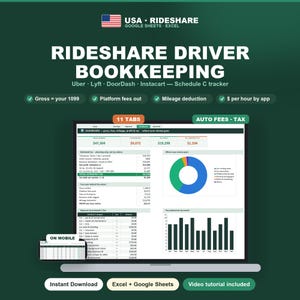 Kalkylblad för skatter för samåkningsförare | Uber Lyft Schedule C Tracker (Excel, Google Sheets)