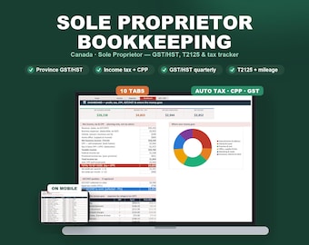 May include: A digital bookkeeping template for Canadian sole proprietors, compatible with Google Sheets and Excel. The interface displays financial data, tax trackers, T2125 forms, and a colorful pie chart. Includes mobile and desktop views.