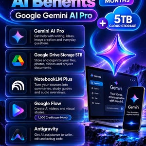 Google AI Pro 18 Months, Google Flow Subscription + 5TB Cloud Storage + Antigravity, Premium Access, Advanced AI Tools, Digital Activation
