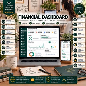 Op de afbeelding: Een digitaal financieel dashboard weergegeven op een laptop- en smartphonescherm, met grafieken, budgetvoortgang en uitgavencategorieën. De lay-out bevat pictogrammen voor dashboard, kalender, taken en rapporten, met tekstlabels voor het plannen, volgen en bereiken van financiële doelen.