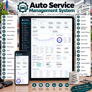 以下が含まれることがあります： タブレットとスマートフォンの画面に表示されたAuto Service Management Systemソフトウェア。インターフェースには、財務概要、収益チャート、在庫アラート、サービス履歴を備えたダッシュボードが表示されています。サイドバーには管理ツールが一覧表示されています。