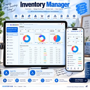 Puede incluir: Una interfaz de software de gestión de inventario mostrada en una tableta y un teléfono inteligente. El panel incluye gráficos circulares azules, rojos y amarillos, tablas de datos para seguimiento de stock e iconos de navegación para productos.