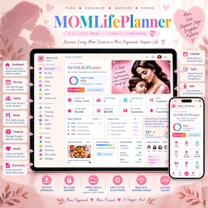 Può includere: Un'interfaccia digitale MOM Life Planner visualizzata su un tablet e uno smartphone, con sezioni per dashboard, attività quotidiane, gestione familiare, pasti, finanze, salute e documenti in uno schema di colori rosa e bianco con testo.