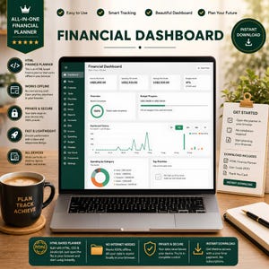 May include: A laptop displaying a financial dashboard interface with charts, budget progress, and spending categories. The screen shows text including Financial Dashboard, Income, Spending, and Savings. A black mug with text Plan Track Achieve sits nearby.