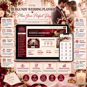 May include: A digital wedding planner dashboard displayed on a laptop and smartphone screen, featuring burgundy and white color schemes, text labels for planning tools like budget, guest list, and timeline, and icons for wedding organization tasks.