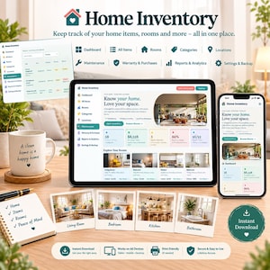 May include: A digital home inventory software interface displayed on a tablet and smartphone, featuring a dashboard with room categories, maintenance tracking, and analytics. Includes a mug with text, a notepad, and four polaroid-style photos.