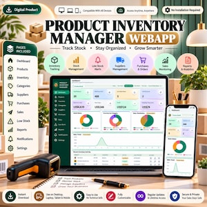 May include: A digital product inventory manager web app displayed on a laptop and smartphone screen. The interface features a dashboard with charts, stock status, and sales data. Includes icons for tracking, suppliers, and reports.