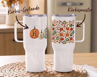 Tazza da viaggio autunnale con manico a forma di zucca: ideale per bevande calde in movimento.