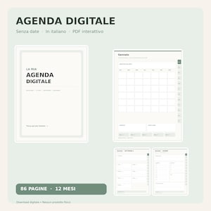 May include: A digital planner in Italian featuring a cover page titled LA MIA AGENDA DIGITALE, a monthly calendar view for Gennaio, and weekly and daily layout pages. The interface includes interactive tabs and a total of 86 pages for 12 months.