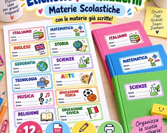 Etichette per Quaderni Materie Scolastiche, 12 Etichette PDF A4 Stampabili, Nome e Classe, Scuola Bambini