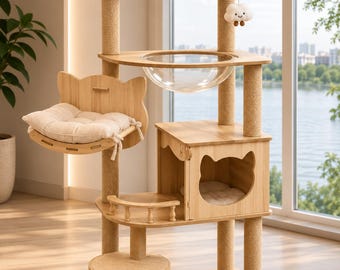 Tall Wooden Cat Tree Activity Tower - Plush Perch & Condo, Indoor Cat Furniture