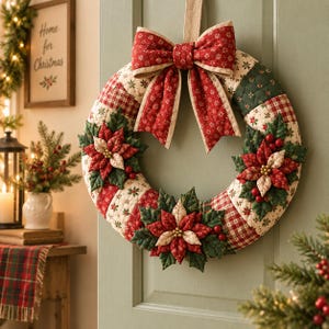 Può includere: Una ghirlanda circolare in tessuto caratterizzata da un design patchwork con motivi trapuntati rossi, verdi e crema. La ghirlanda è decorata con tre fiori di stella di Natale in tessuto e un grande fiocco rosso in tessuto con stampa a fiocchi.
