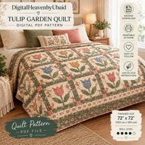 Può includere: Un modello digitale per trapunta in PDF intitolato Tulip Garden Quilt di DigitalHeavenbyUbaid. La trapunta presenta una griglia di blocchi floreali con tulipani rossi, gialli e blu su sfondo crema. La dimensione finita è 183 cm per 183 cm.