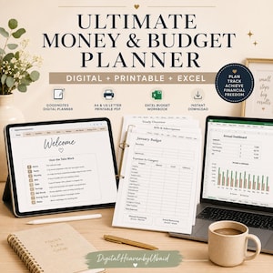 May include: A digital and printable money and budget planner set featuring a tablet displaying a welcome page, a binder with January budget sheets, and a laptop showing an annual dashboard. Includes a spiral notebook, a pen, and a coffee mug.