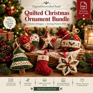 Può includere: Un cartamodello digitale in PDF per un set di ornamenti natalizi trapuntati con cinque design festivi. L'immagine mostra ornamenti a forma di cuore, stella, albero, calza e fiocco di neve in tessuto rosso, verde e color crema.