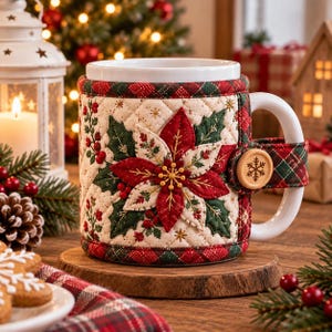 May include: A white ceramic mug featuring a removable quilted fabric cosy. The cosy has a cream-coloured background with a red and green poinsettia appliqué, holly leaves, and berries. It is secured with a wooden button featuring a snowflake.