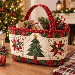 Puede incluir: Una cesta de tela acolchada con un asa roja con patrones de copos de nieve blancos. El exterior muestra un aplique central de árbol de Navidad verde con una estrella dorada, flanqueado por dos motivos de estrellas rojas y verdes sobre fondo crema.