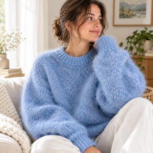 Patrón de punto para suéter de mohair, jersey de manga abullonada extragrande en PDF, jersey de punto grueso y mullido, ideal para principiantes, tallas XS-5XL.