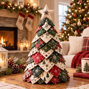 Könnte beinhalten: Ein dekorativer Weihnachtsbaum aus Stoff, der aus geschichteten, gesteppten dreieckigen Stoffstücken in Rot-, Grün- und Cremetönen besteht. Der Baum zeigt verschiedene Weihnachtsmotive wie Schneeflocken, Tannenbäume und Stechpalmen und ist mit einem gepolsterten Stern gekrönt.